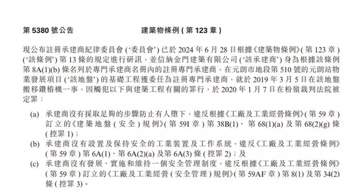 涉元朗致命工業意外承建商遭紀律委員會罰款34萬元