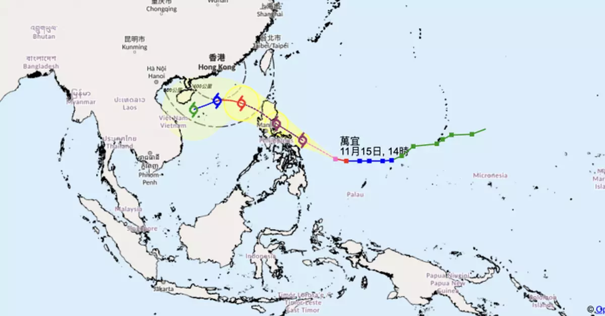 天文台：「萬宜」周日晚至周一初時闖港800公里　將發熱帶氣旋警告信號