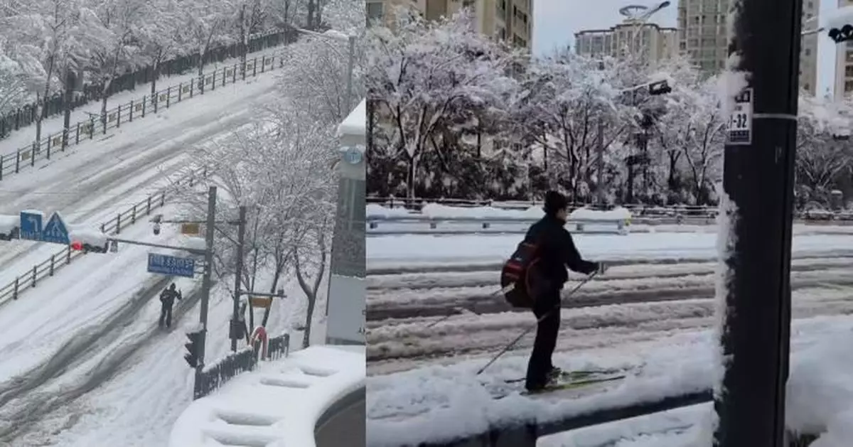 有片！南韓連降暴雪癱瘓交通 男子「滑雪返工」快過汽車 超強身份曝光