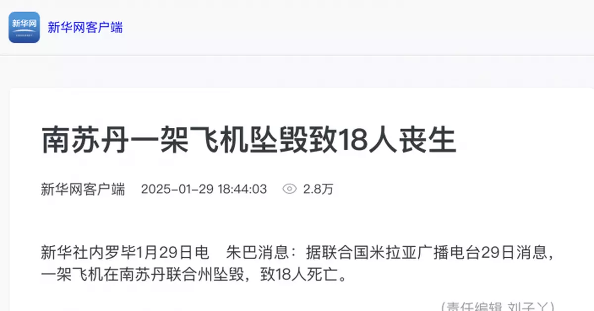 外媒：南蘇丹載21人飛機墜毀 釀18死