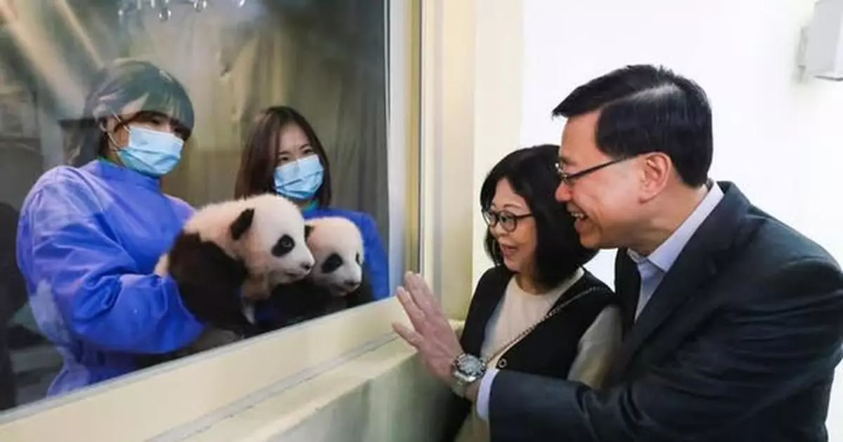 與太太到海洋公園探訪大熊貓龍鳳胎 李家超：很高興一對寶寶健康成長