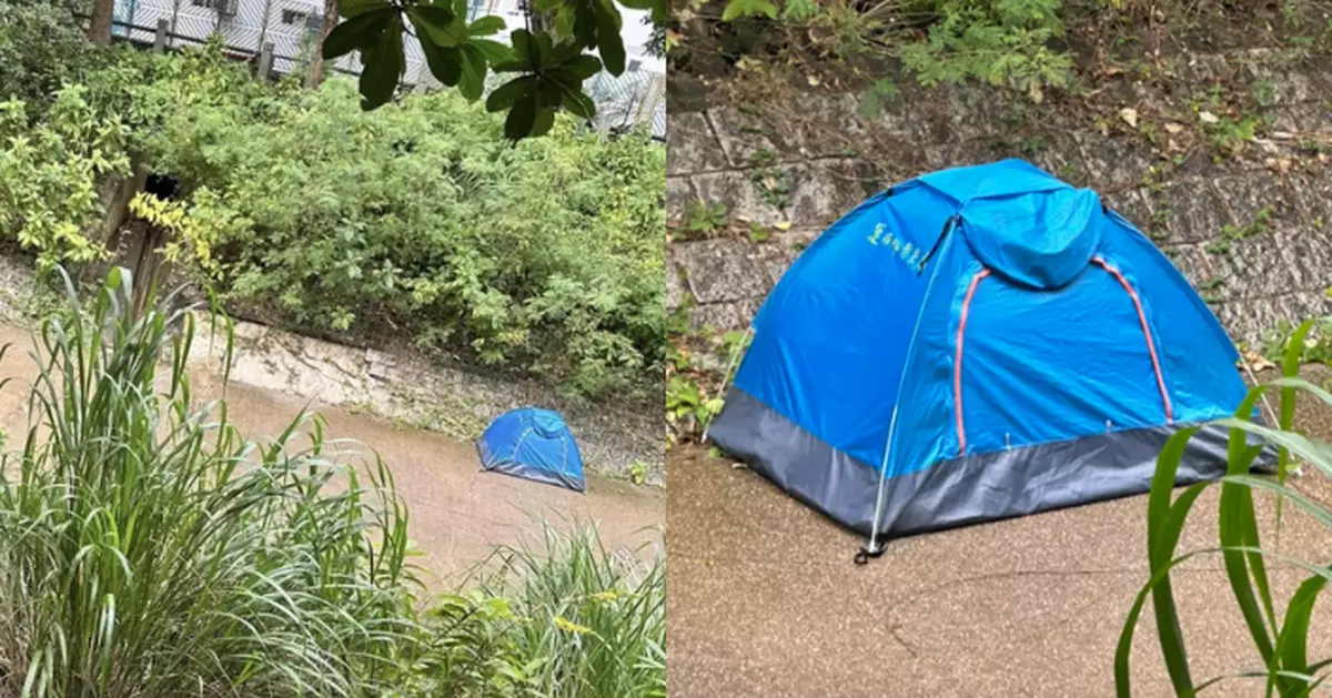 大埔河道驚現藍色帳幕 「住客」連日紮營洗衫煮食做運動 網民猜身份憂安全問題