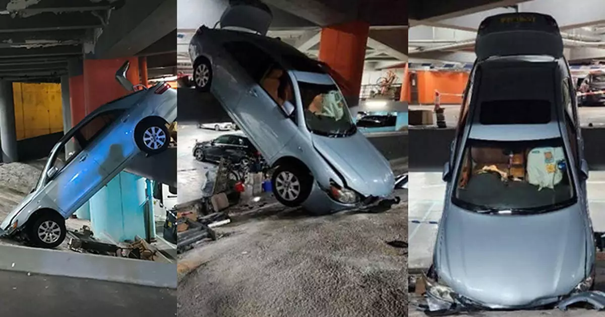 華貴邨停車場私家車失控衝欄 車身直插斜坡 88歲司機送院