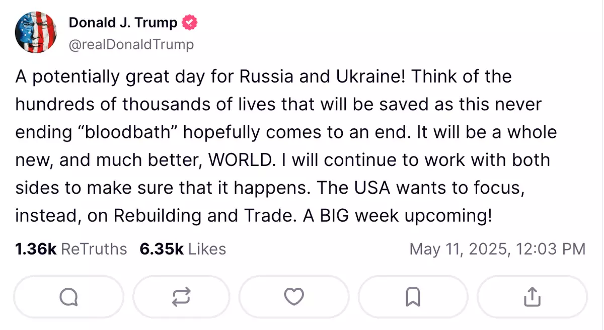特朗普在交平台發文。Donald J. Trump Truth Social 截圖