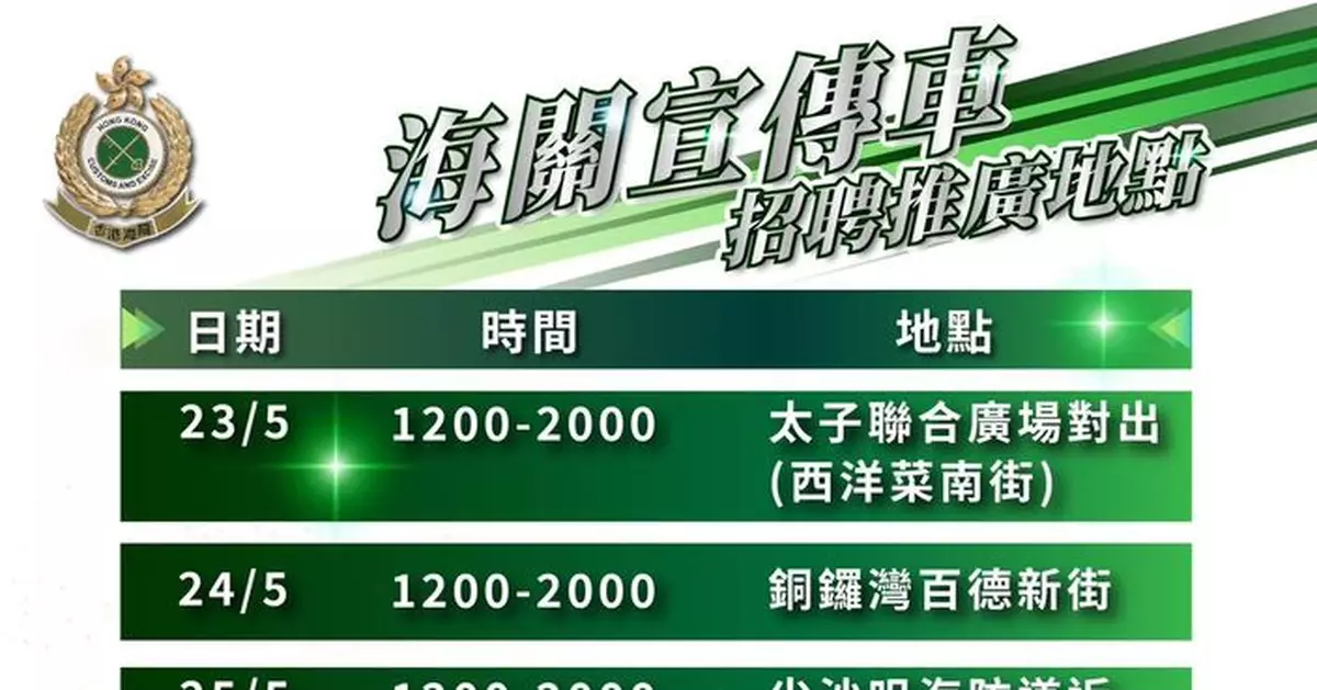 海關督察5.22起接受投考申請 海關宣傳車一連三日出動進行招聘