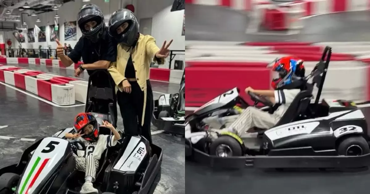 陳展鵬單文柔一家三口遊澳門 小豬比化身女車神型揸卡丁車