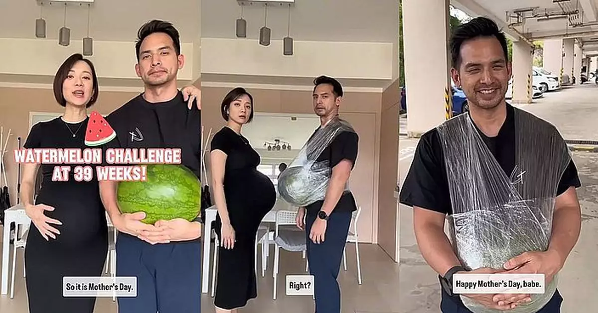 王君馨母親節玩「西瓜挑戰」　老公腰纏25磅西瓜體驗39週孕肚
