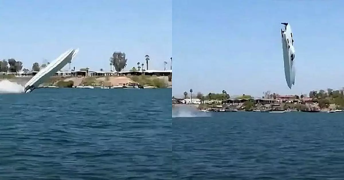 快艇鬥高速失控衝上9米高翻轉跌落河 兩名駕駛員安然無恙奪冠