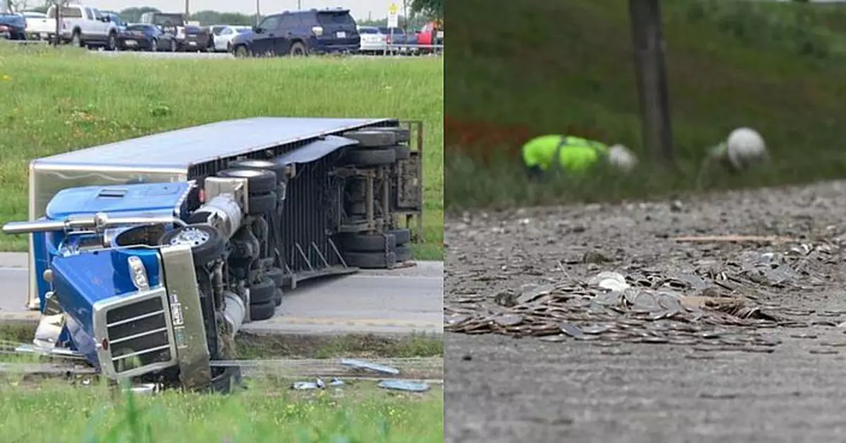 運載車翻側800萬枚一角硬幣散滿地 得州警封路出動機器加人手逐個執