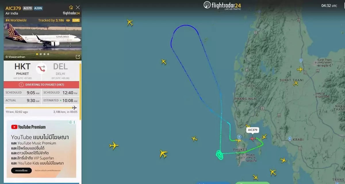 航班追蹤網站顯示,客機在安達曼海繞圈後折返布吉機場。X圖片