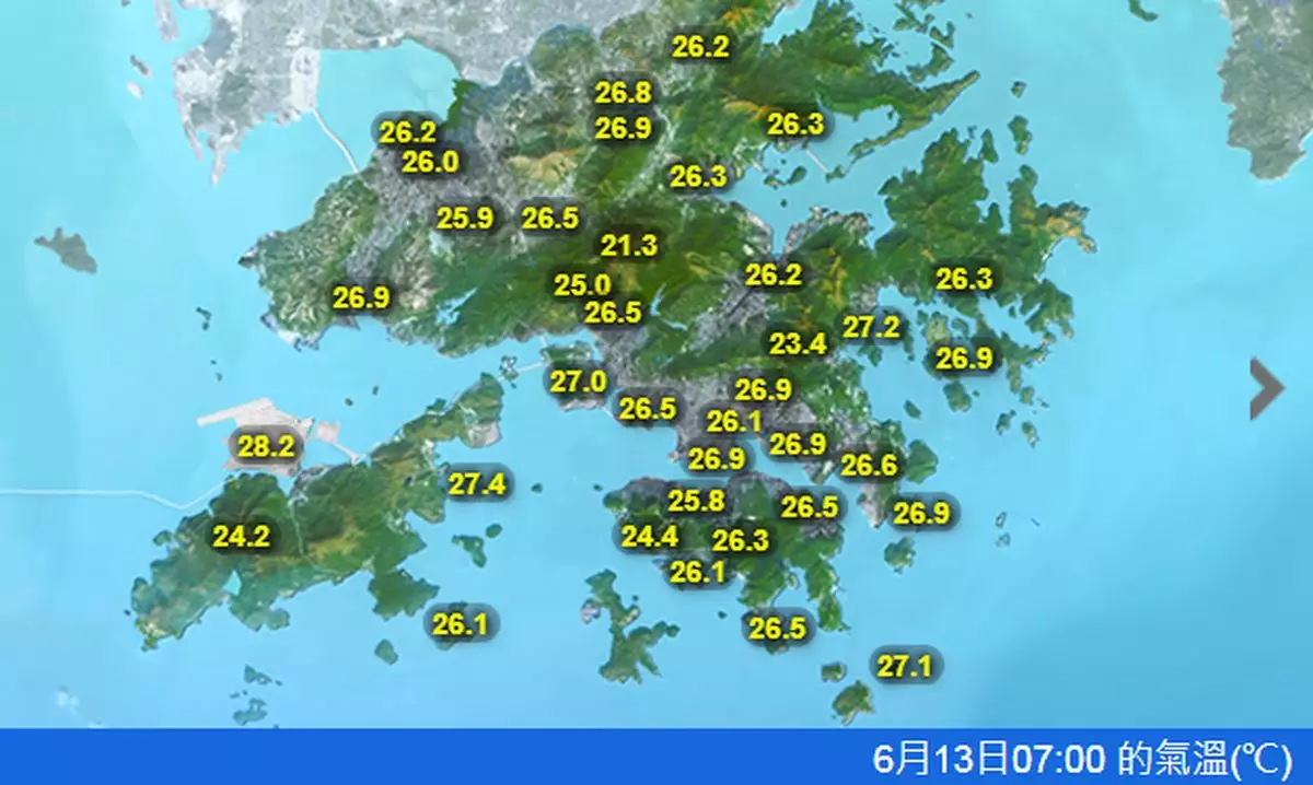 早上7時香港各區氣溫。天文台網頁圖片。
