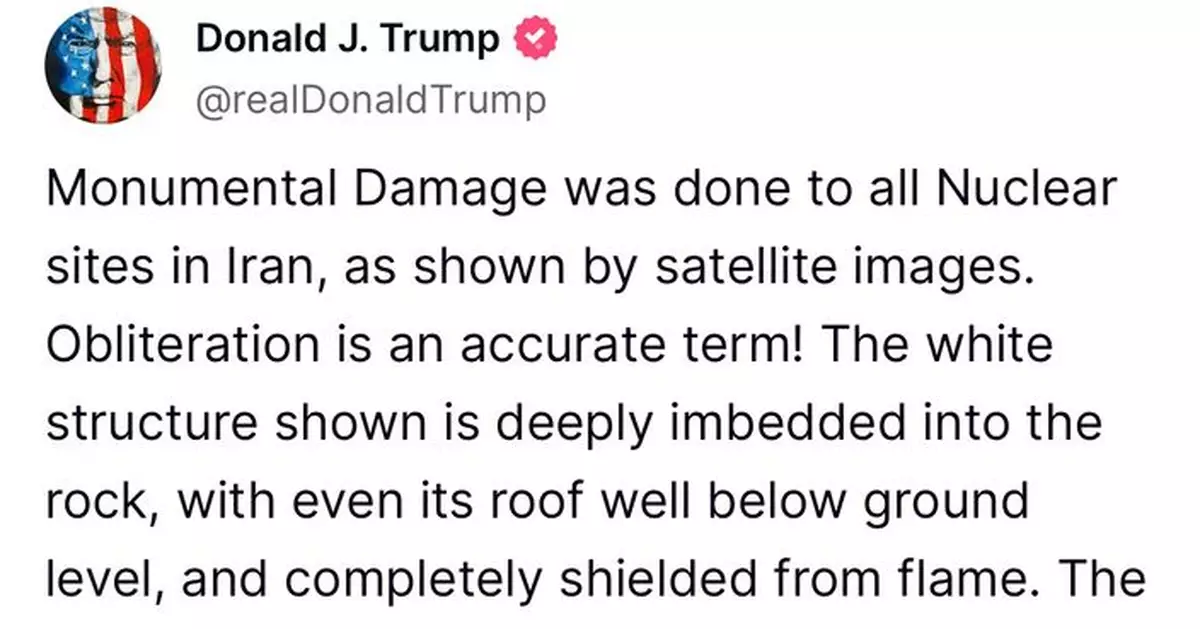 以色列伊朗衝突 | 特朗普稱伊朗所有核設施遭巨大破壞 形容攻擊正中靶心