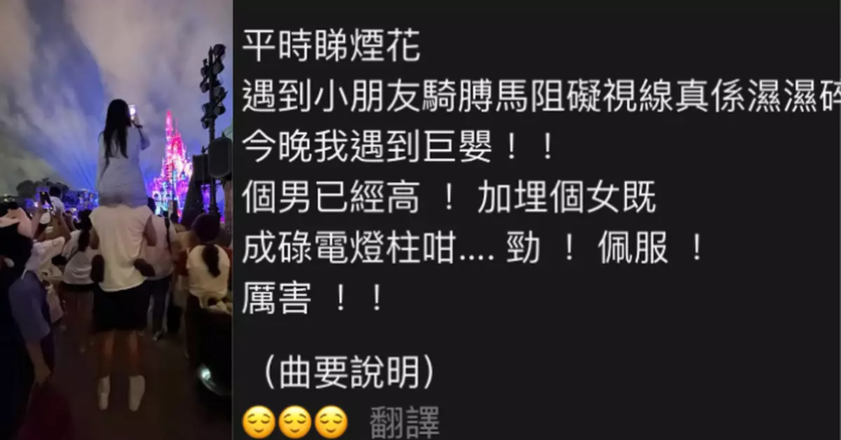 港迪現成年女子「騎膊馬」睇煙花燈柱咁高 網民怒轟:自私巨嬰行為