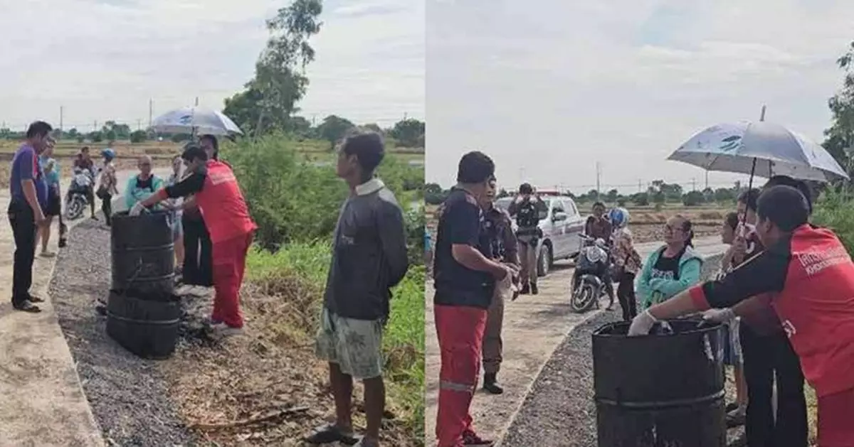 泰工人修路驚見瀝青桶內藏活人 救援隊連桶送醫切割助脫困