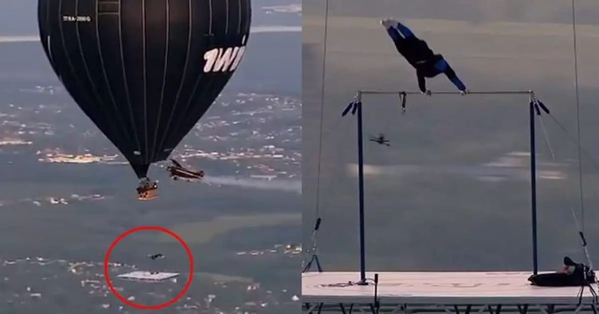 俄運動員膽量驚人不穿降落傘 1500米高熱氣球上表演單槓大回環