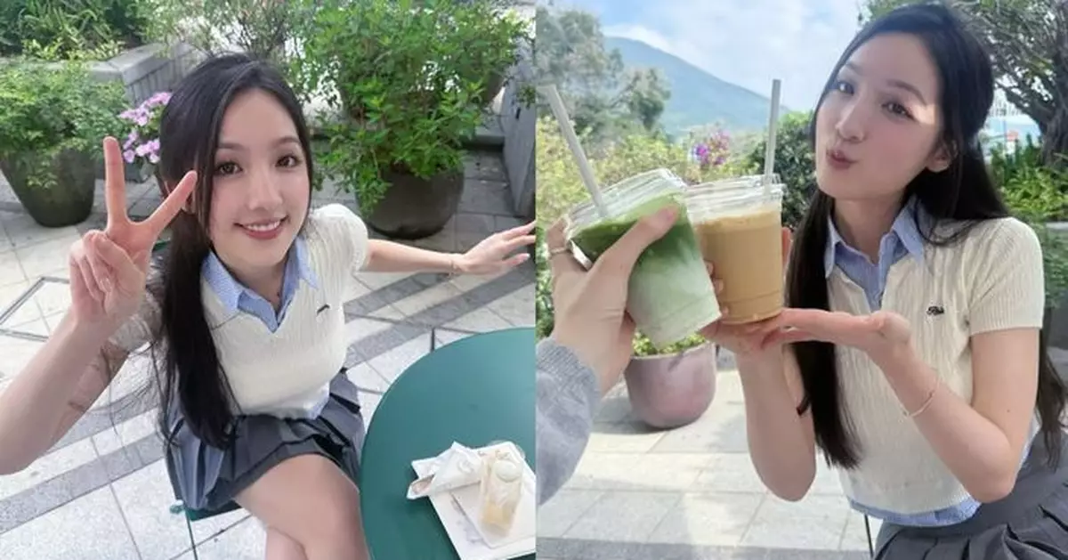 海兒制服短裙晒「蜜腿」 食蛋糕甜笑電暈網民：少女味爆燈！