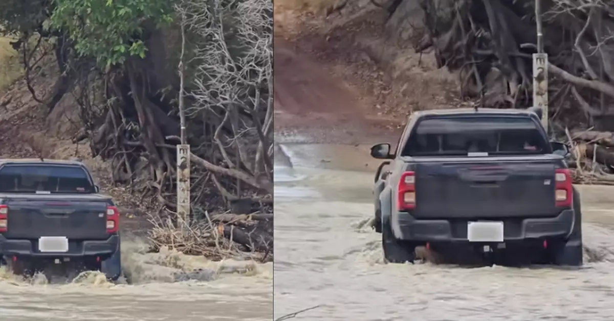 駕小貨車駛經淹水道路遭鱷魚爬出卡車輪 澳男急倒退助脫困 驚險畫面曝光