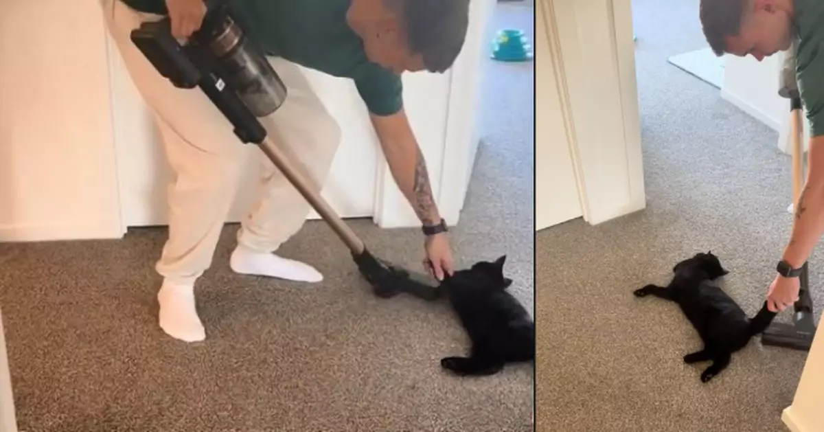 清潔房間遇黑貓悠然躺地拒離開 飼主無奈手動移開 爆笑畫面曝光