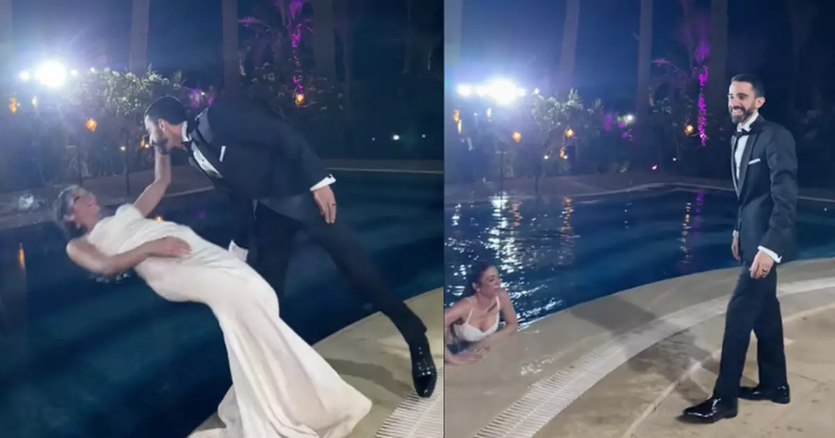 為拍攝「創意婚紗照」 埃及新郎故意鬆手害新娘墮泳池舉手歡呼引眾怒