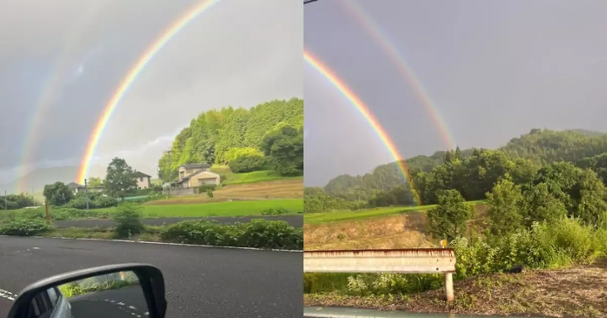 駕車外出目睹雙彩虹高掛天空 日漫畫家偶然抵達「彩虹盡頭」超幸運