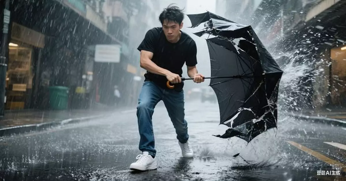 港男10號風球下拎外賣雨傘瞬間解體 吹剩這一Part惹網民爆笑