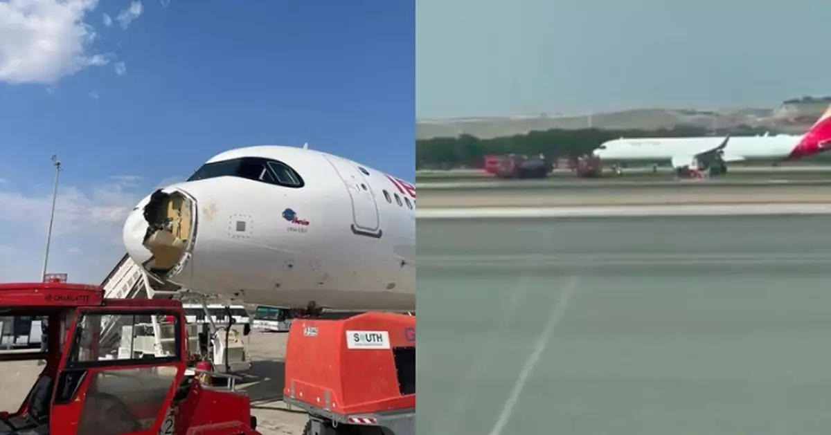 西班牙客機2000米高空遭巨鳥撞擊 機頭損毀冒濃煙緊急折返