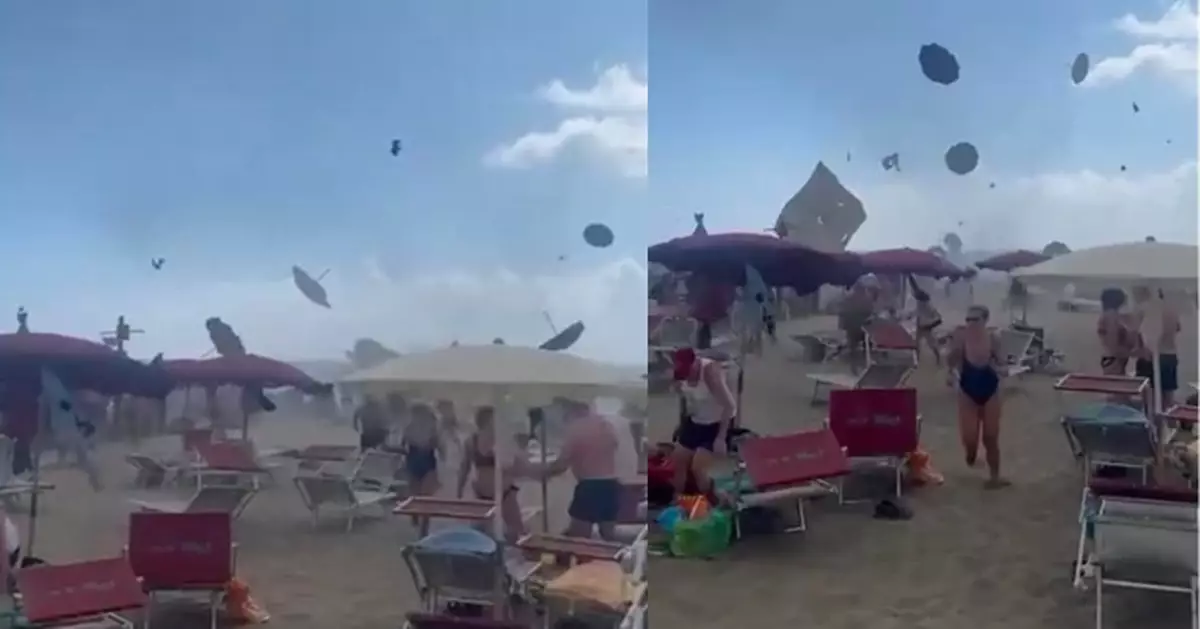 意海灘現「水龍捲」遮陽傘遭捲上高空旋轉亂飛 泳客嚇壞驚慌逃生