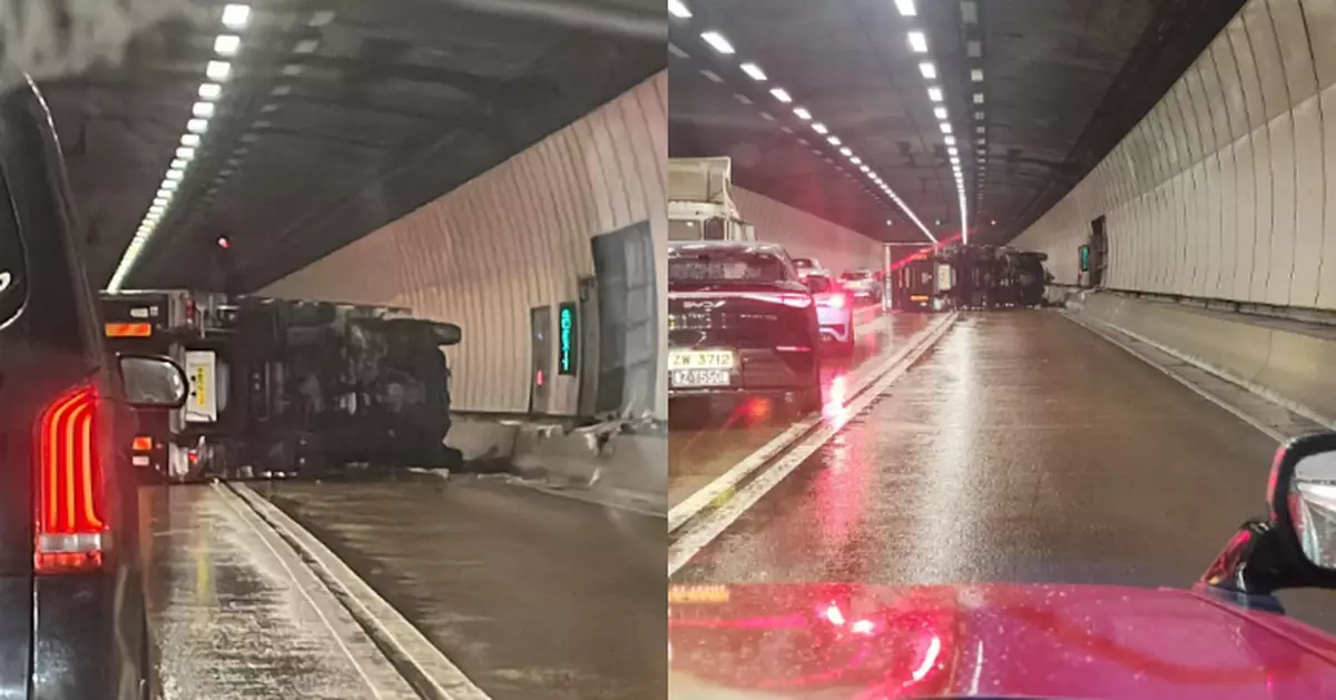 貨車大欖隧道往九龍方向管道內翻側　司機自行爬出