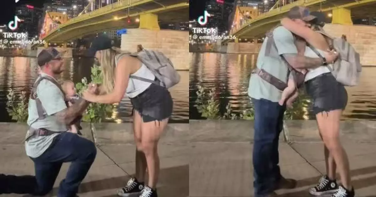 男子浪漫求婚獲女友興奮緊抱 懷中BB遭2人「夾擊」險窒息