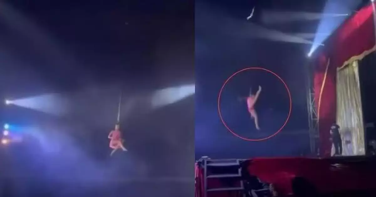 長髮吊鋼索突鬆脫 巴西馬戲團女演員半空直墜落舞台 觀眾嚇到尖叫