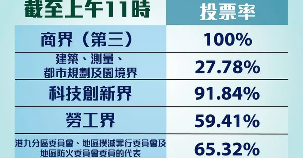 選委會界別分組補選 截至上午11時投票率為65.24%