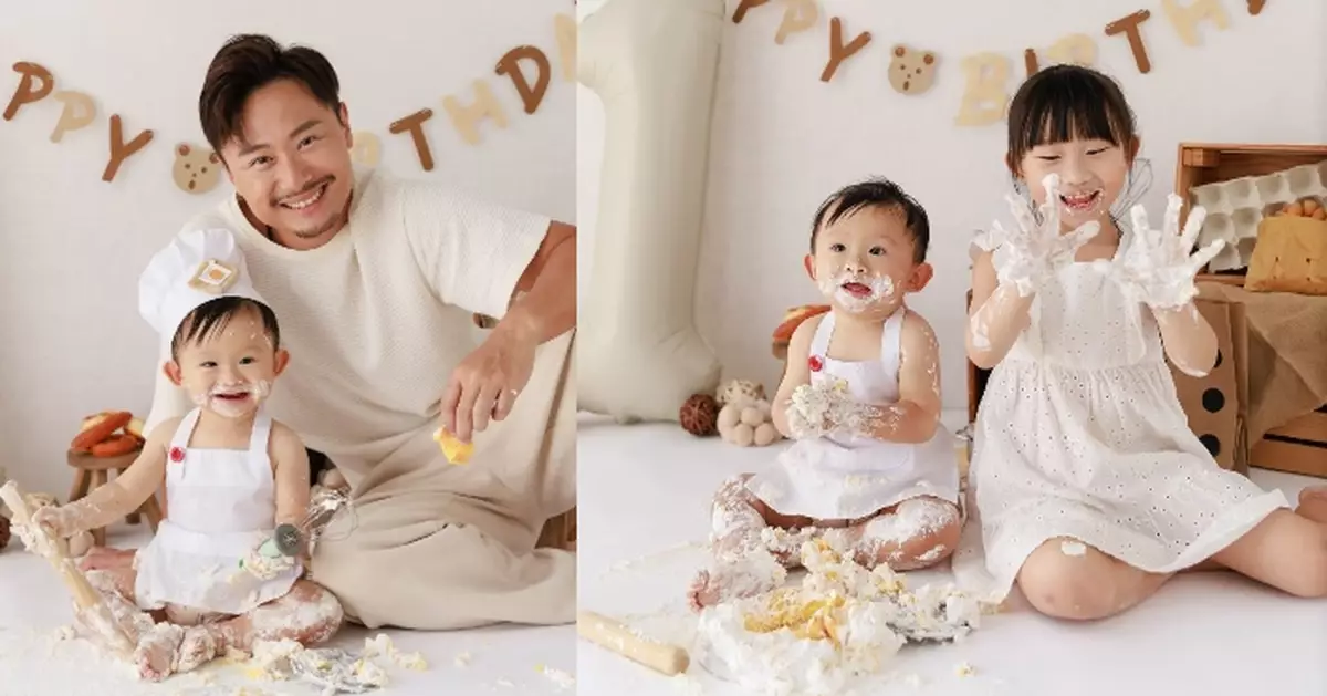 楊潮凱帶次子拍Cake Smash寫真 雞蛋仔表情多多對鏡頭賣萌