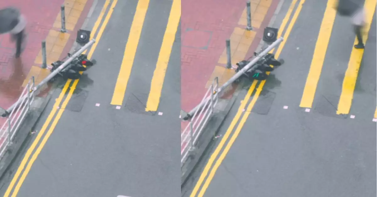 交通燈遭10號風球吹斜「瞓低」照「開工」運作 網笑：香港人、香港燈