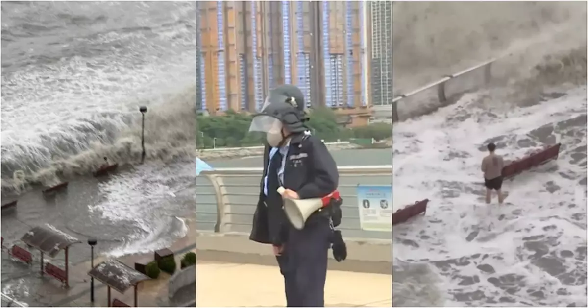 風暴樺加沙 |  杏花邨海旁巨浪拍岸仍不乏「追風族」　將軍澳男子無視勸喻企浪中「感受」颱風