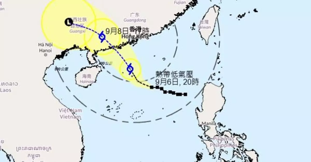 位於南海北部的熱帶低氣壓增強為熱帶風暴