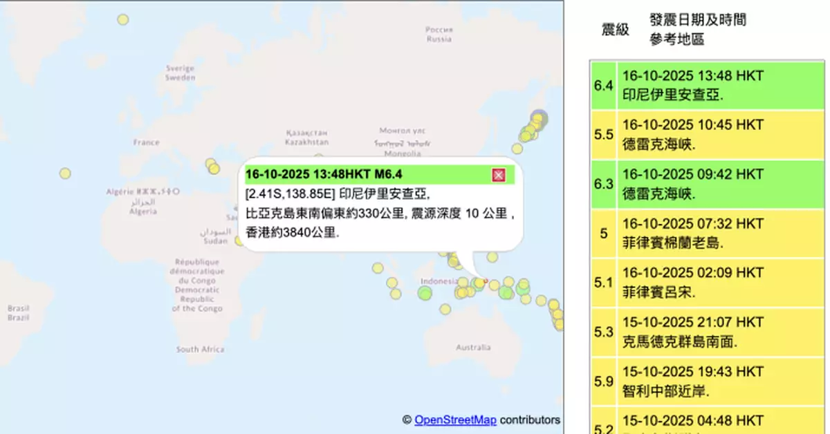 天文台錄得印尼伊里安查亞發生6.4級地震