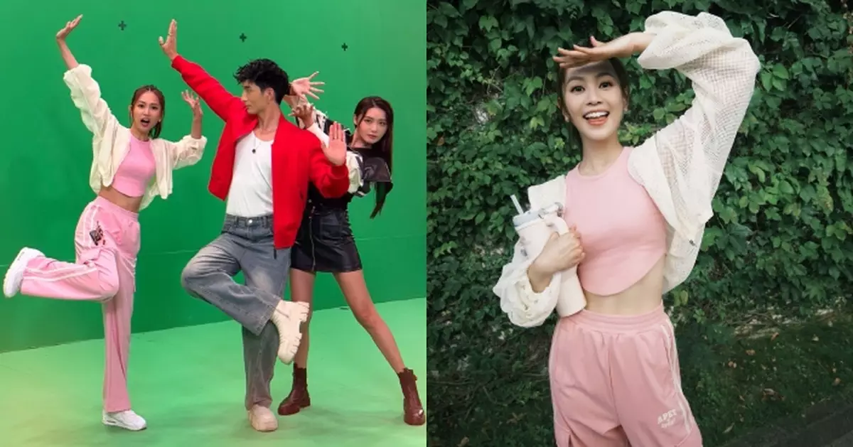 郭柏妍粉紅色運裝拍台慶宣傳片 小背心晒腹肌好吸睛