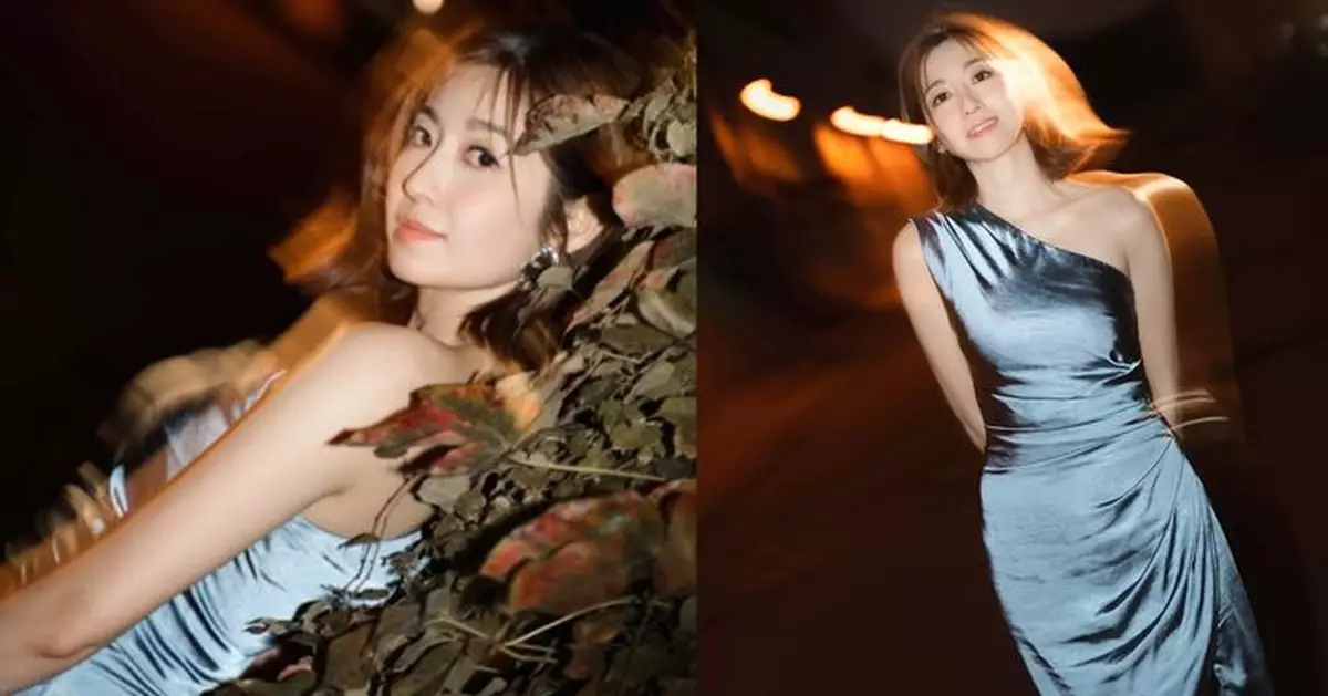 陳自瑤秋涼送暖 藍色斜膊裙大晒零贅肉長腿