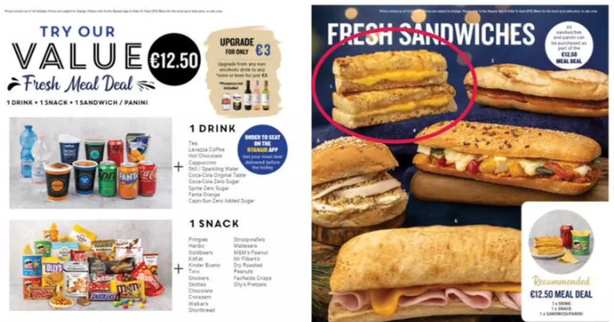 實物與宣傳圖落差大！乘客狠批瑞安航空飛機餐「史上最難吃」