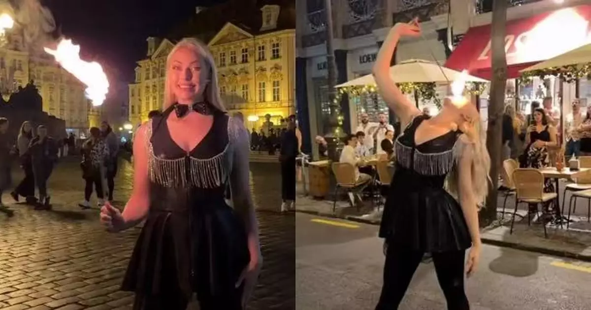 街頭表演吞火 俄火辣女魔術師臀部噴出烈焰似「人體噴火器」震撼觀眾