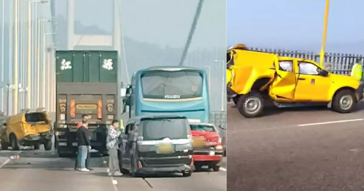 青馬大橋12分鐘內同一地點兩宗交通意外 涉旅遊巴等5車共4人傷送院