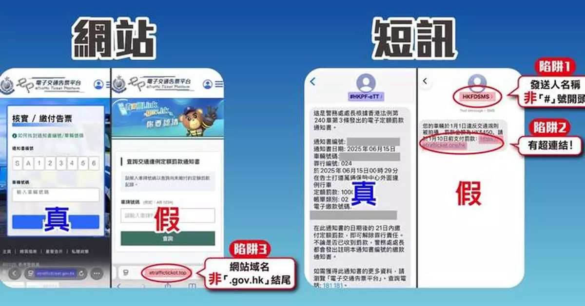 警務處呼籲市民提防釣魚短訊及偽冒「電子交通告票平台」網站