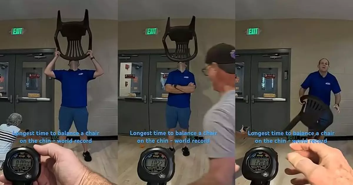 美挑戰達人忍痛用下巴「頂椅子」80分鐘 重奪健力士世界紀錄