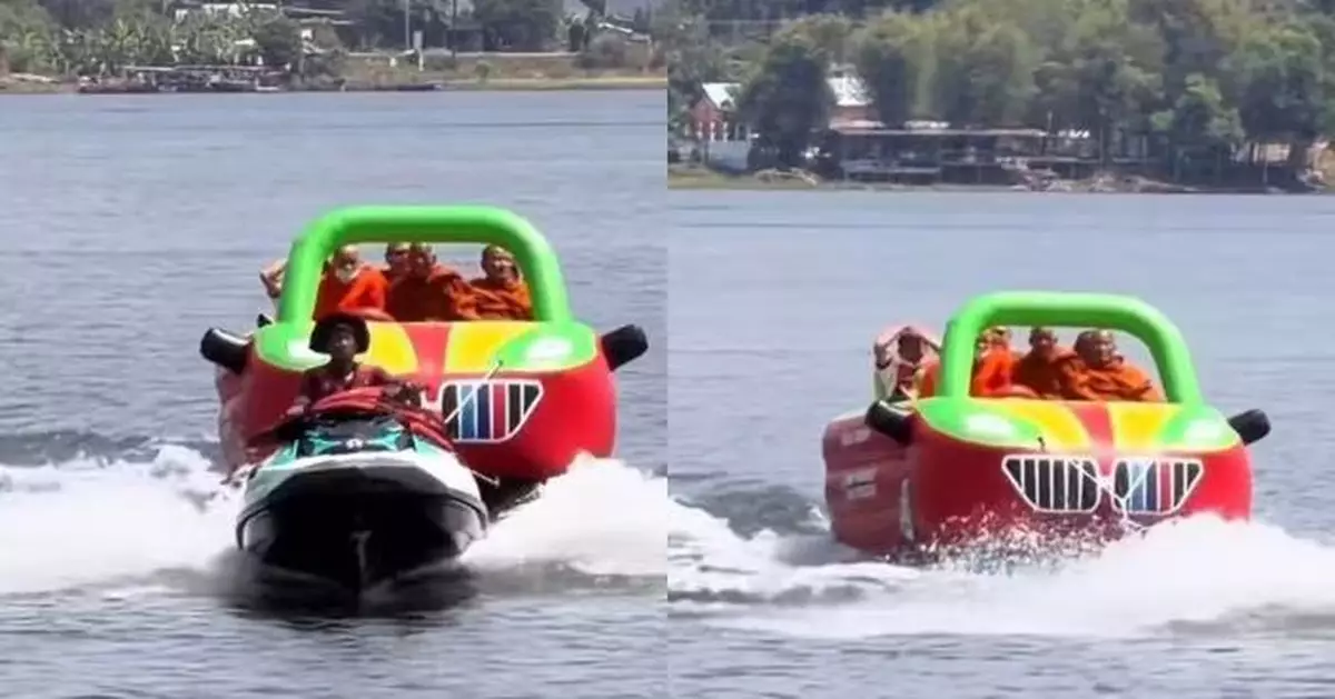 泰國5僧侶搭色彩繽紛香蕉船遊水庫惹議 官方指有失體統已口頭勸誡