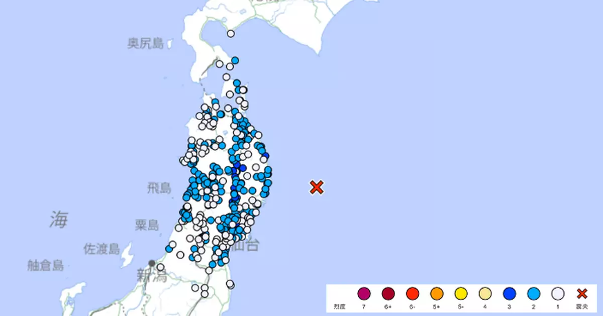 日本岩手縣對出海域發生6級地震 氣象廳指不會引發海嘯
