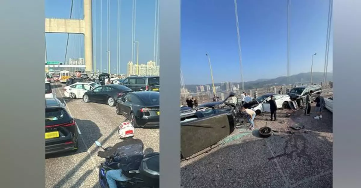 青馬大橋往機場方向逾10車相撞2人被困　部分行車線封閉