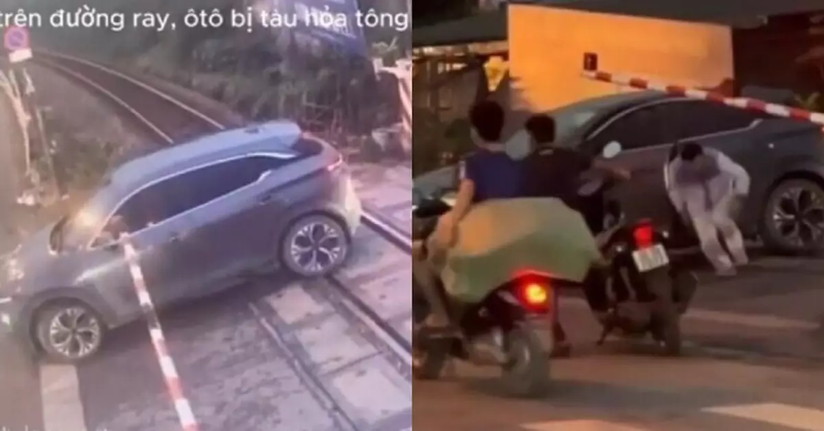 越南私家車故障卡鐵道 司機救車不果驚險逃生 目睹愛車遭火車撞毀
