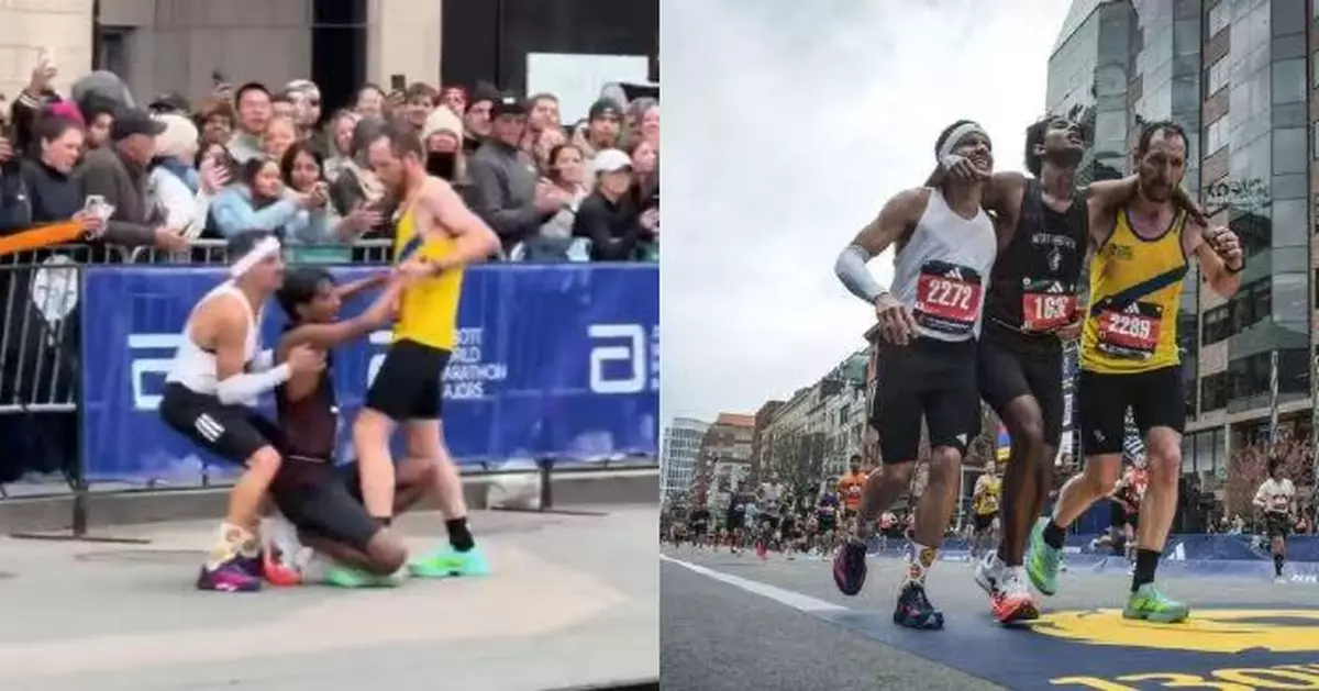 波士頓馬拉松現暖心畫面 跑手終點前體力不支倒地獲兩選手攙扶衝線完賽