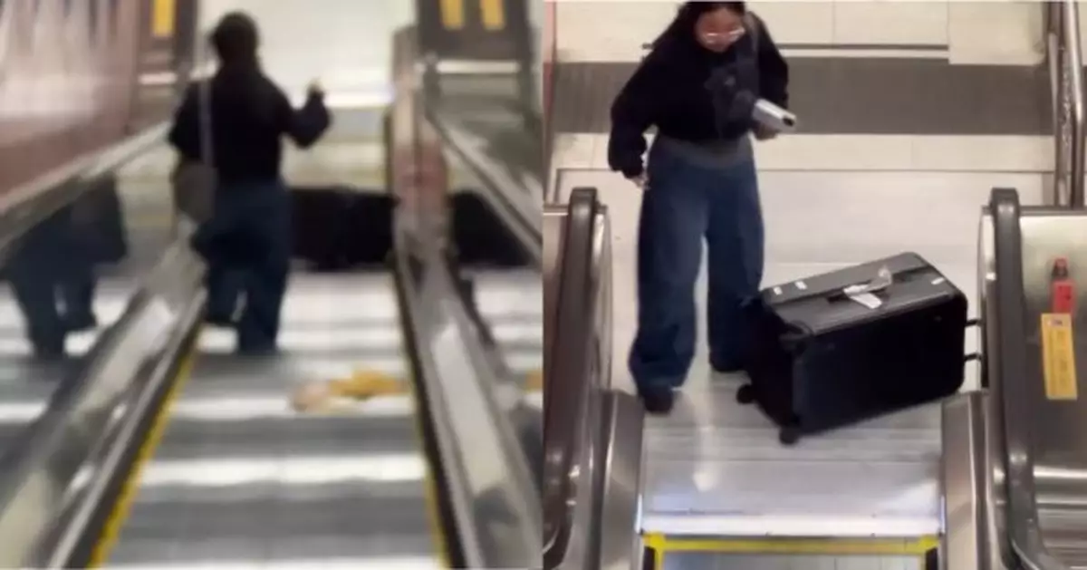 女乘客港鐵站內只顧玩手機 行李箱失控滾落扶手電梯 網轟：流動炸彈