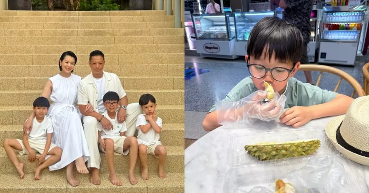 胡杏兒一家五口布吉歎無邊泳池 囝囝食榴槤食到舔舔脷